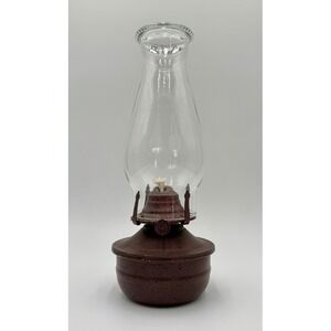 Vintage Style Ceramic Oil Lamp Brown Speckled Base Glass Hurricane Chimney 11.5"